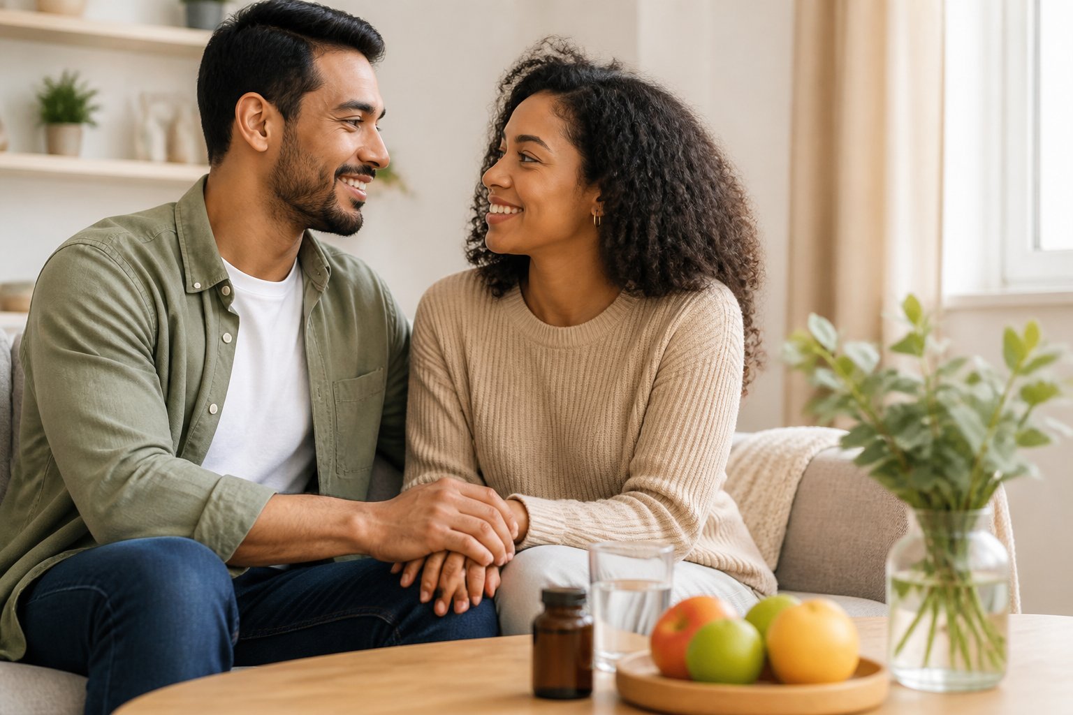 A hopeful couple holds hands together in a bright home beside wellness items and fresh fruit.