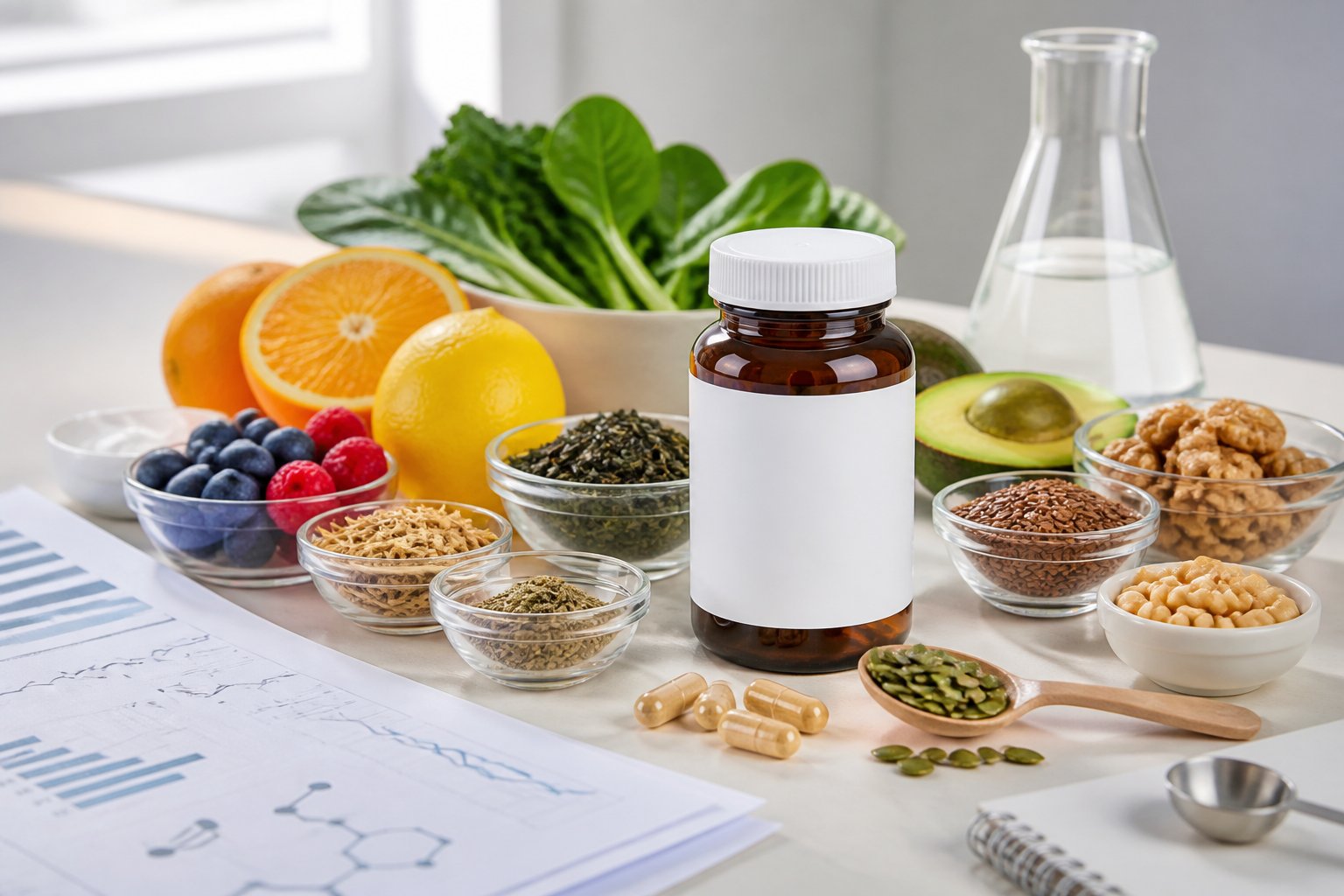 Natural fertility-support ingredients and an unmarked supplement bottle arranged beside laboratory glassware.