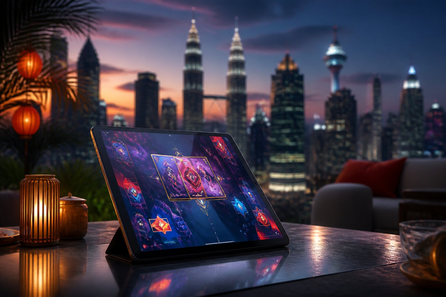A smartphone showing colorful abstract game-inspired graphics in a modern Malaysian city setting at dusk.