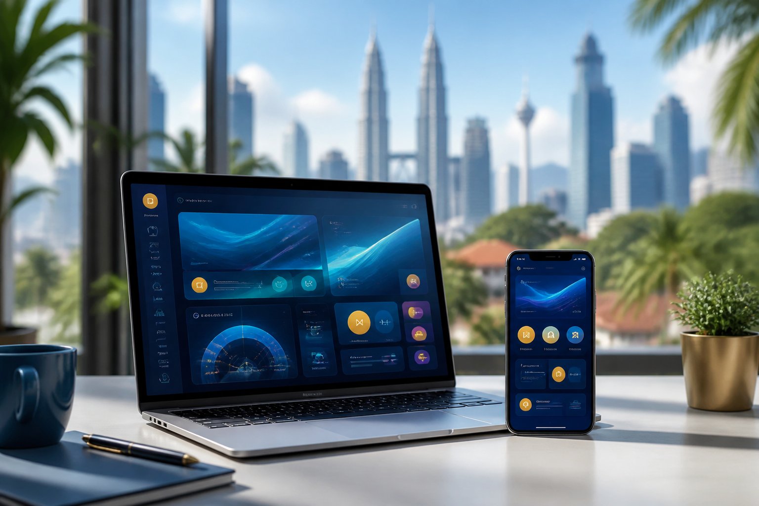 A smartphone and laptop on a modern desk with a softly blurred Kuala Lumpur skyline in the background.