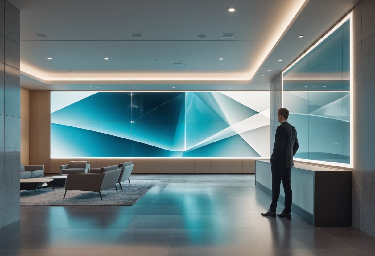 Area resepsionis kantor modern dengan layar LED videotron besar yang menampilkan pola cahaya abstrak.