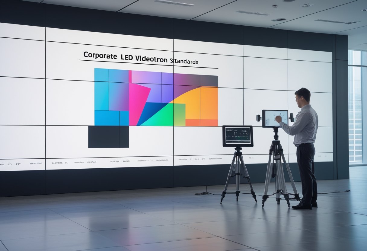 Teknisi memeriksa layar LED videotron besar menggunakan peralatan kalibrasi di ruang konferensi modern.