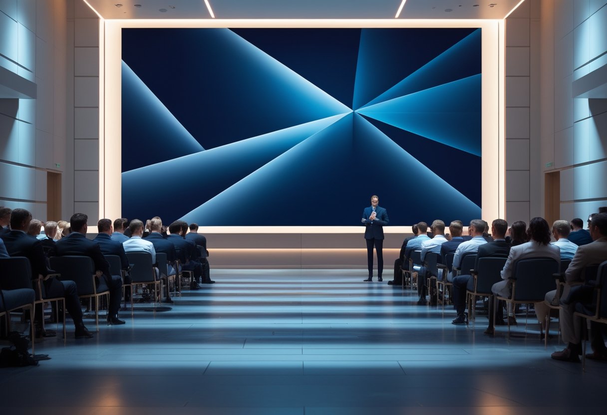 Pertemuan perusahaan di auditorium dengan layar LED besar di panggung dan peserta yang memperhatikan presentasi.
