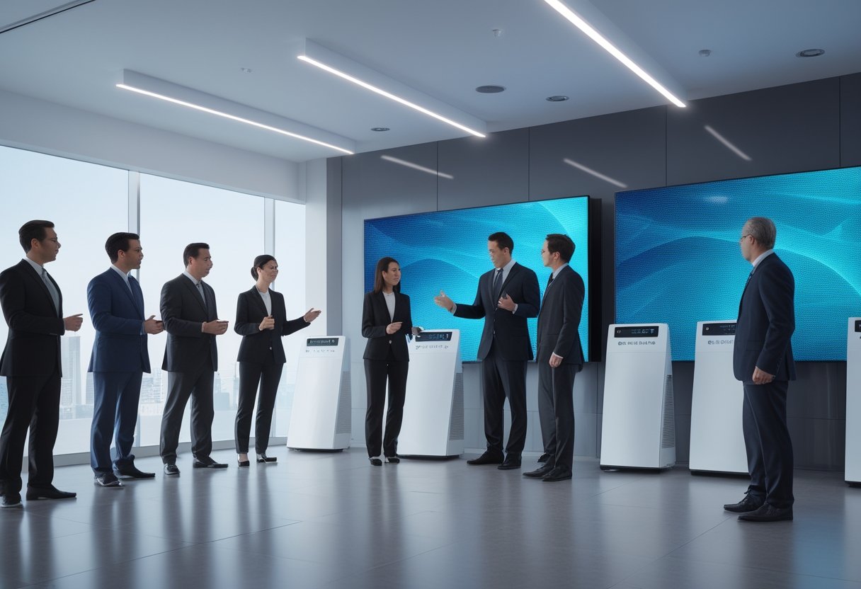 Tim profesional membandingkan panel LED videotron di ruang pamer teknologi modern.