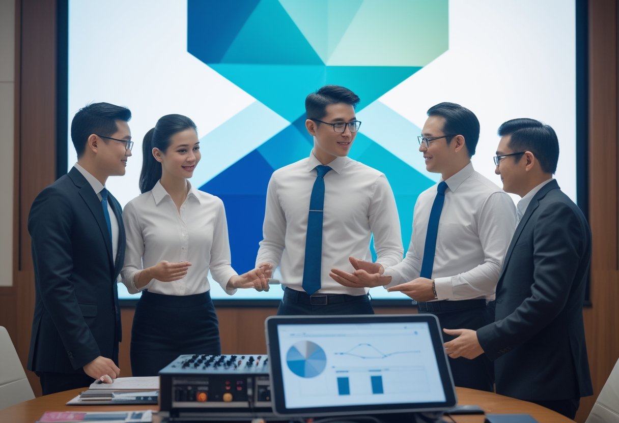 Tim profesional dan teknisi audiovisual bekerja bersama di depan layar LED videotron dalam ruang konferensi modern.
