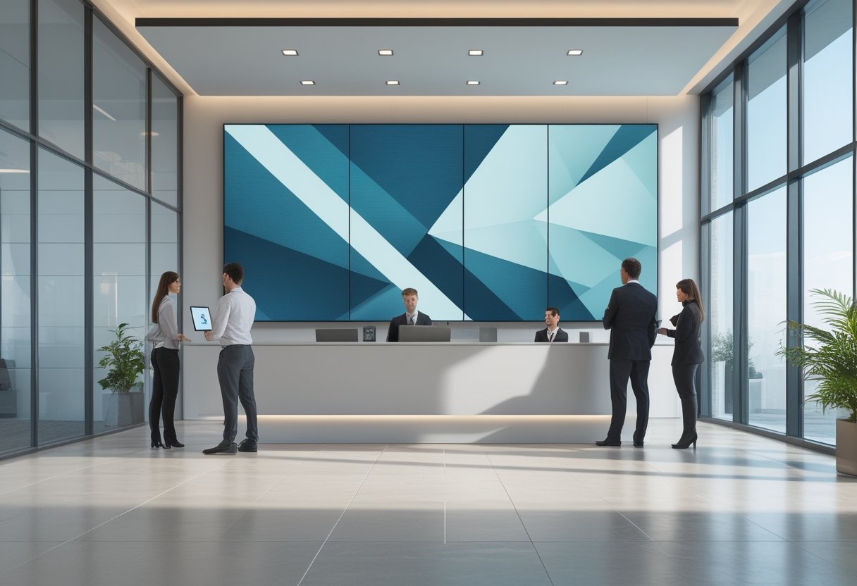 Tim profesional meninjau pemasangan layar LED besar di lobi kantor modern.