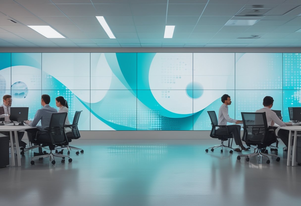 Karyawan berdiskusi di kantor modern di dekat layar LED videotron besar.