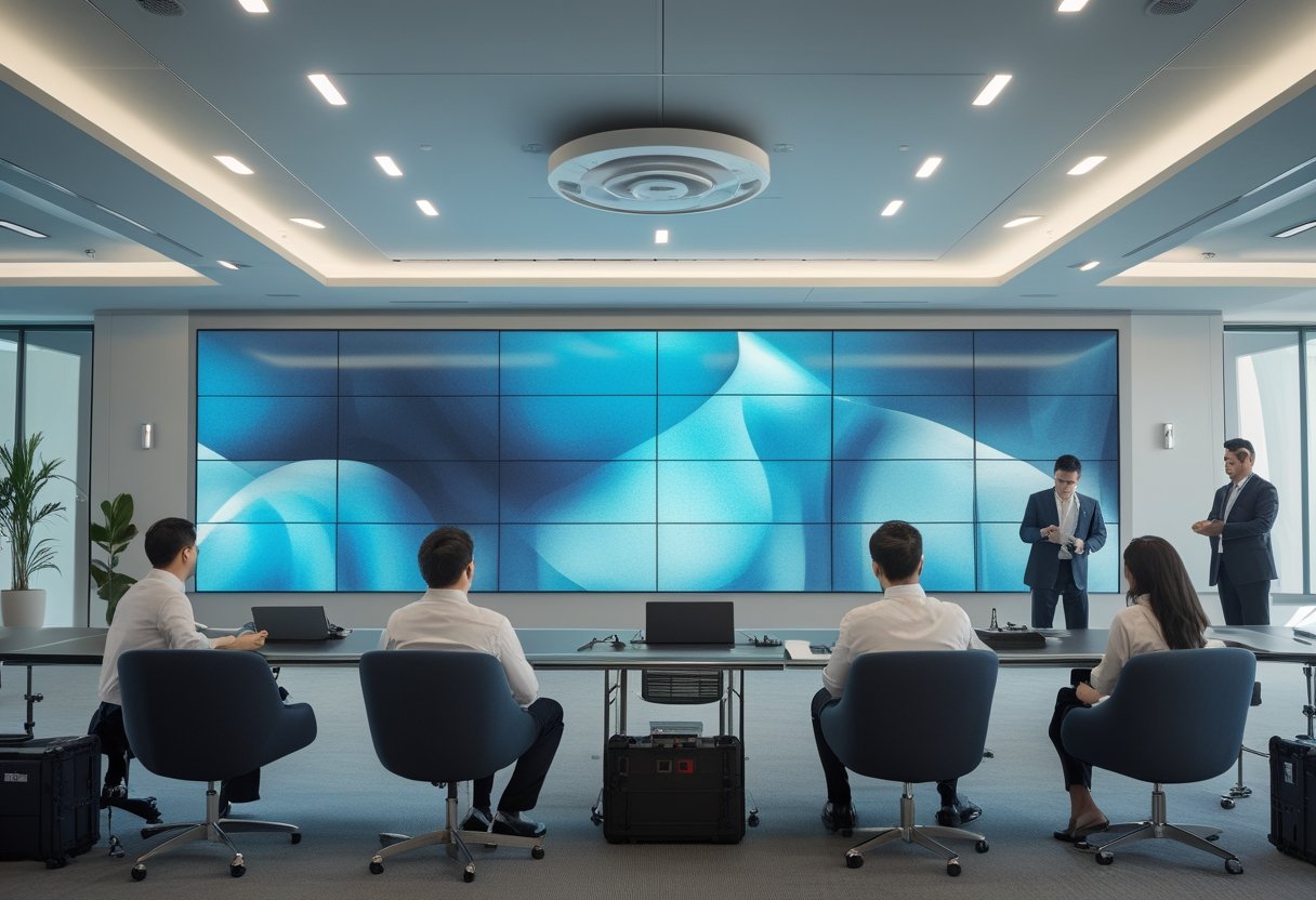 Tim profesional mengevaluasi pemasangan videotron LED di ruang kantor modern tanpa mengganggu aktivitas kerja.