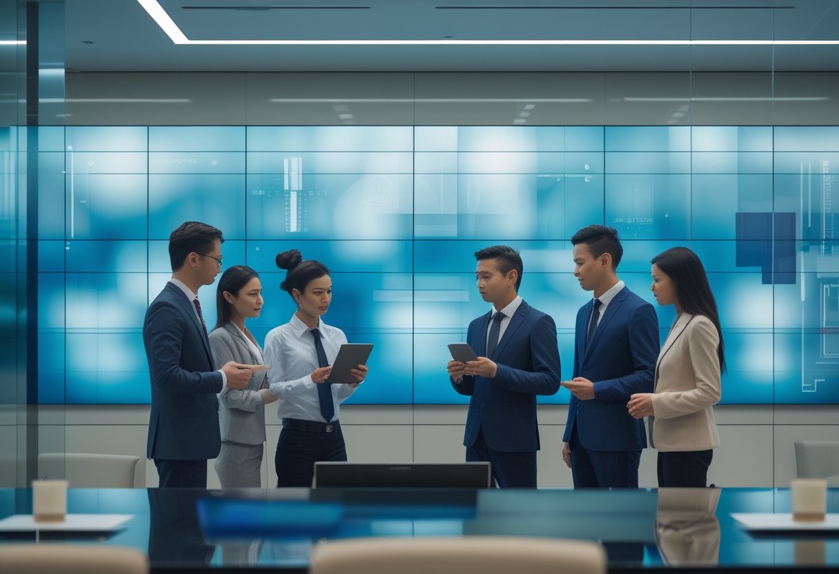 Tim profesional mengevaluasi videotron LED besar di ruang kantor modern.