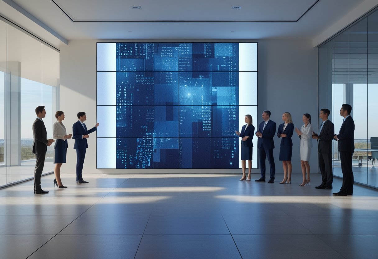Profesional sedang mempresentasikan layar LED besar kepada rekan kerja di ruang kantor modern.