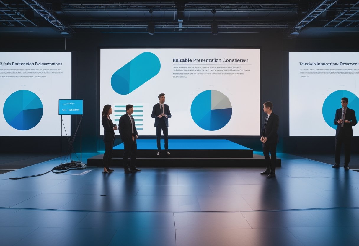 Tim profesional memeriksa videotron LED sebelum presentasi di ruang konferensi modern.