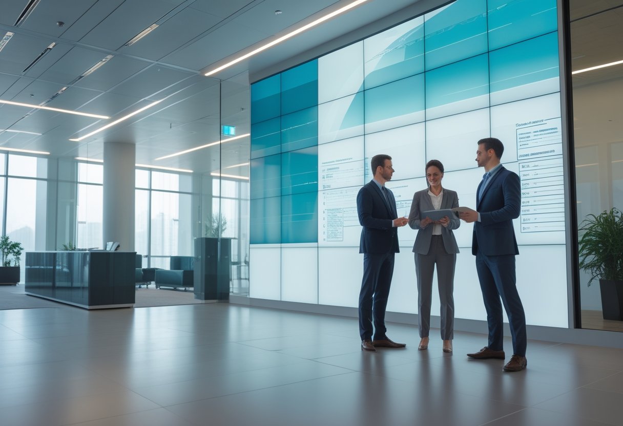 Tiga profesional berdiskusi di lobi kantor modern dengan layar LED besar menampilkan pola abstrak.