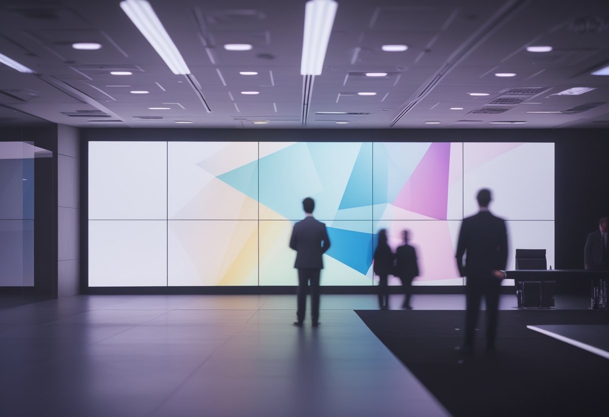 Videotron LED besar di ruang konferensi modern menampilkan pola warna dan bentuk abstrak dengan panel yang tersusun rapi.