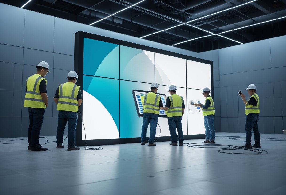 Teknisi profesional memasang dan menguji videotron LED besar di ruang perusahaan modern.