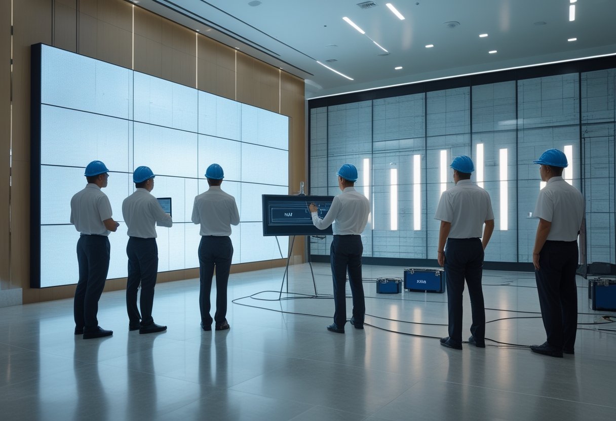 Tim teknisi dan profesional perusahaan memeriksa pemasangan videotron LED besar di ruang korporat modern.