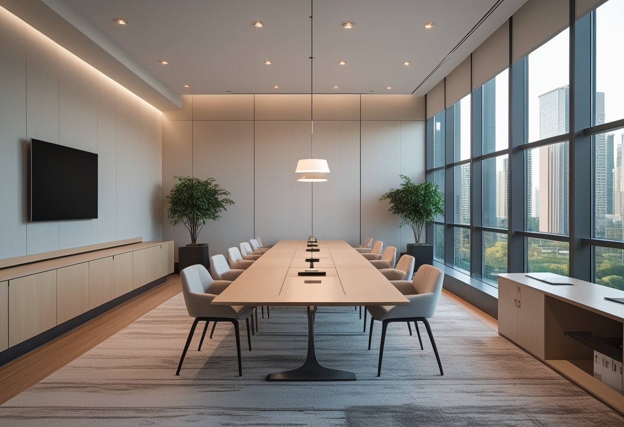 Ruang rapat modern dengan meja kayu, kursi nyaman, teknologi terintegrasi, pencahayaan alami, dan desain interior yang rapi.