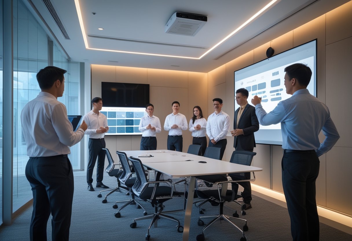 Tim profesional meninjau rancangan dan teknologi sebuah ruang rapat modern.