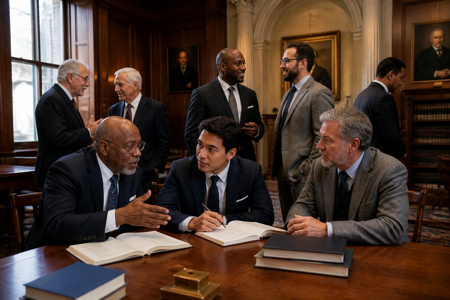 Mature men in a historic meeting room share conversation and mentorship around a wooden table.