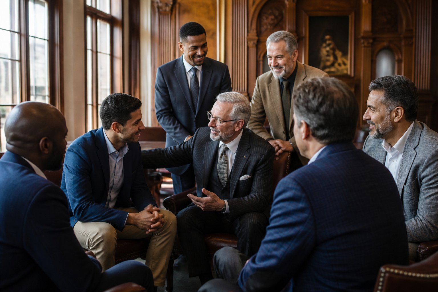 A diverse group of adult men in a historic meeting room share a respectful conversation, with an older member mentoring a younger man.