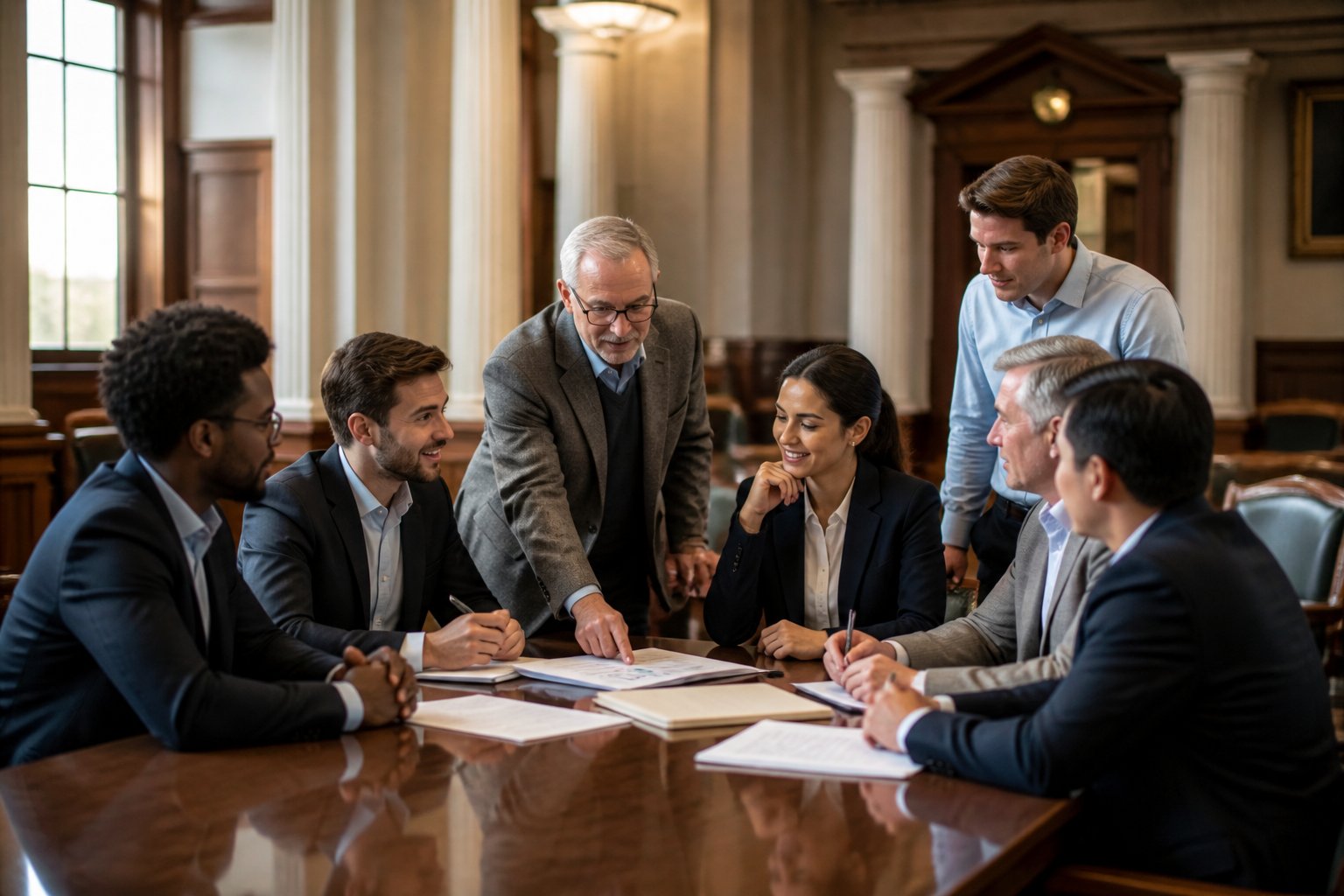 A diverse group of Freemasons discussing community service and professional mentorship in a traditional meeting hall.