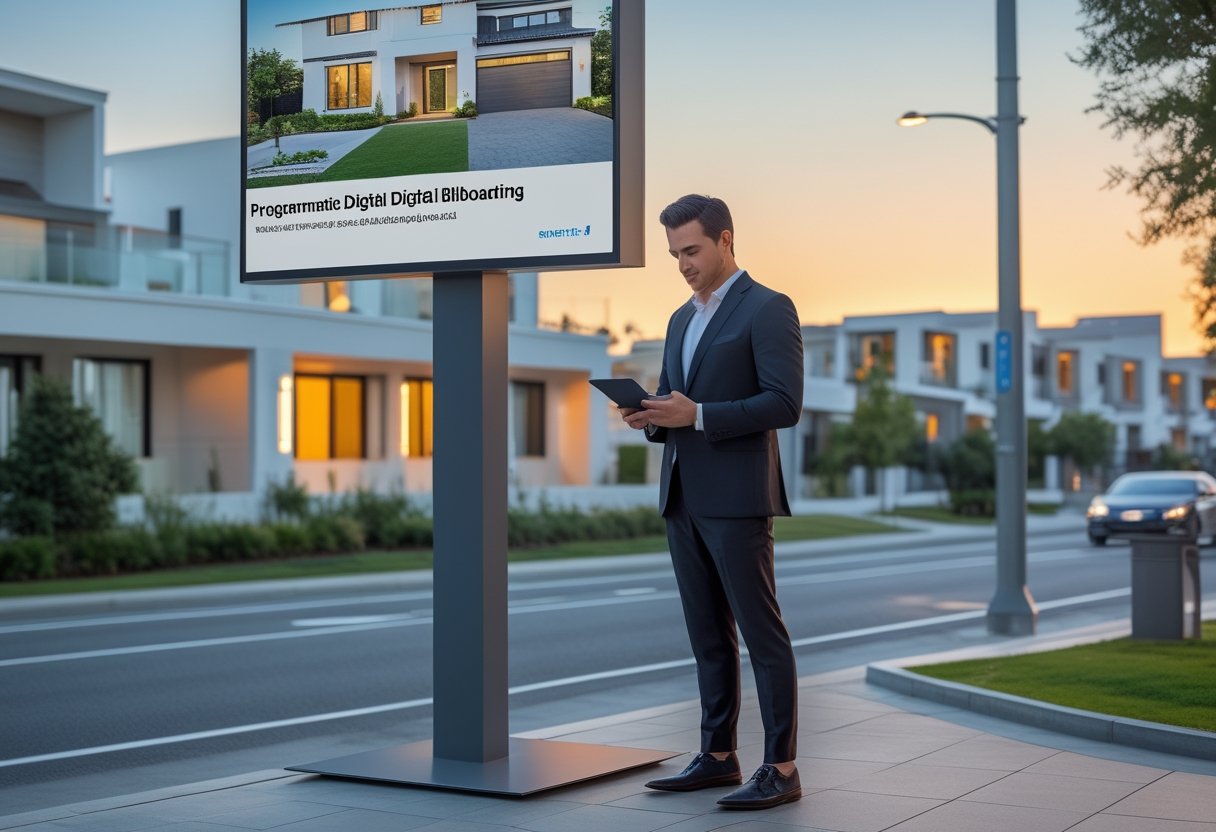 A real estate agent reviews a tablet beside a digital billboard showing a modern home in a neighborhood.