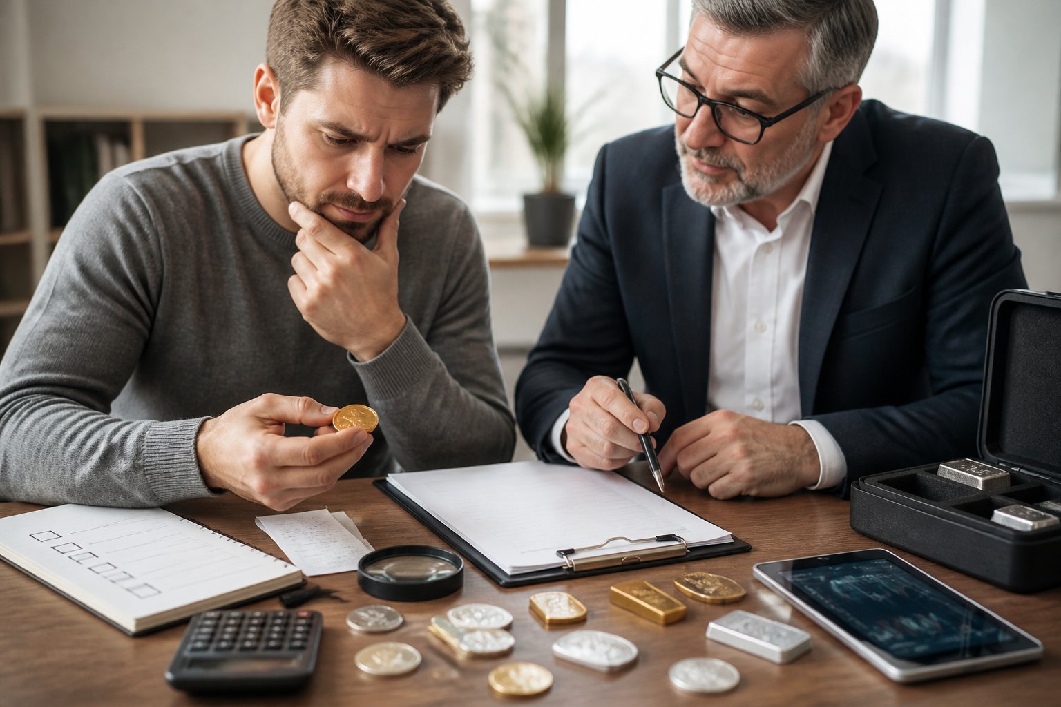 A first-time investor examines gold and silver coins and paperwork with guidance from a financial advisor.