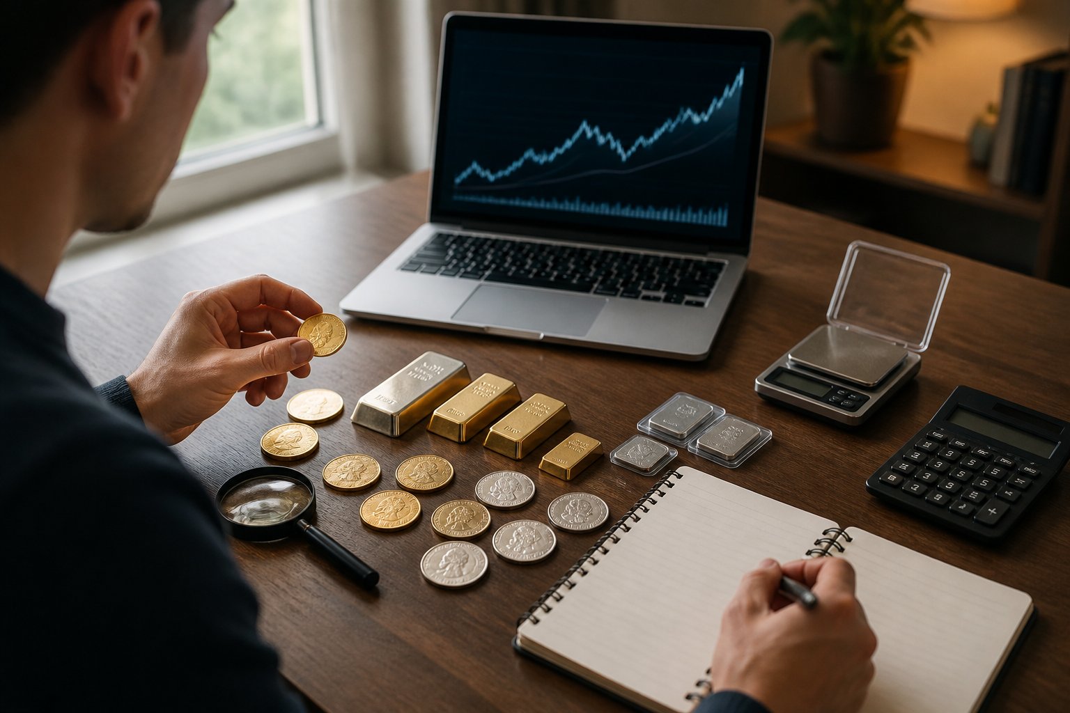 A person reviews gold and silver bullion beside a notebook, calculator, and laptop on a desk.