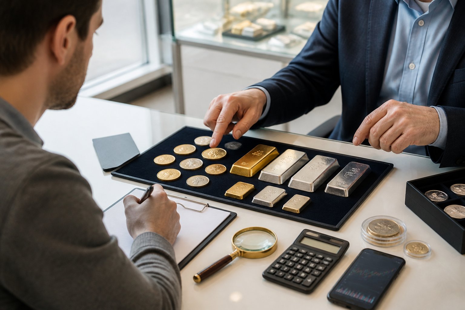 A first-time buyer compares gold and silver coins and bars with an advisor at a counter.