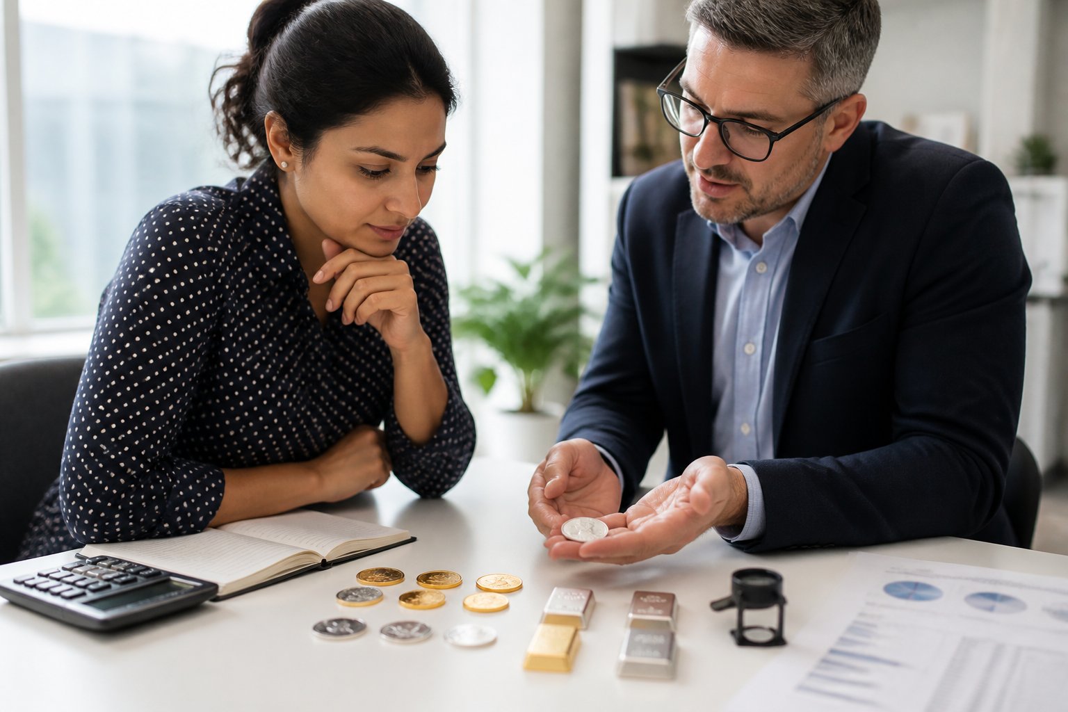 A first-time buyer compares gold and silver coins and bars with guidance from a financial advisor.