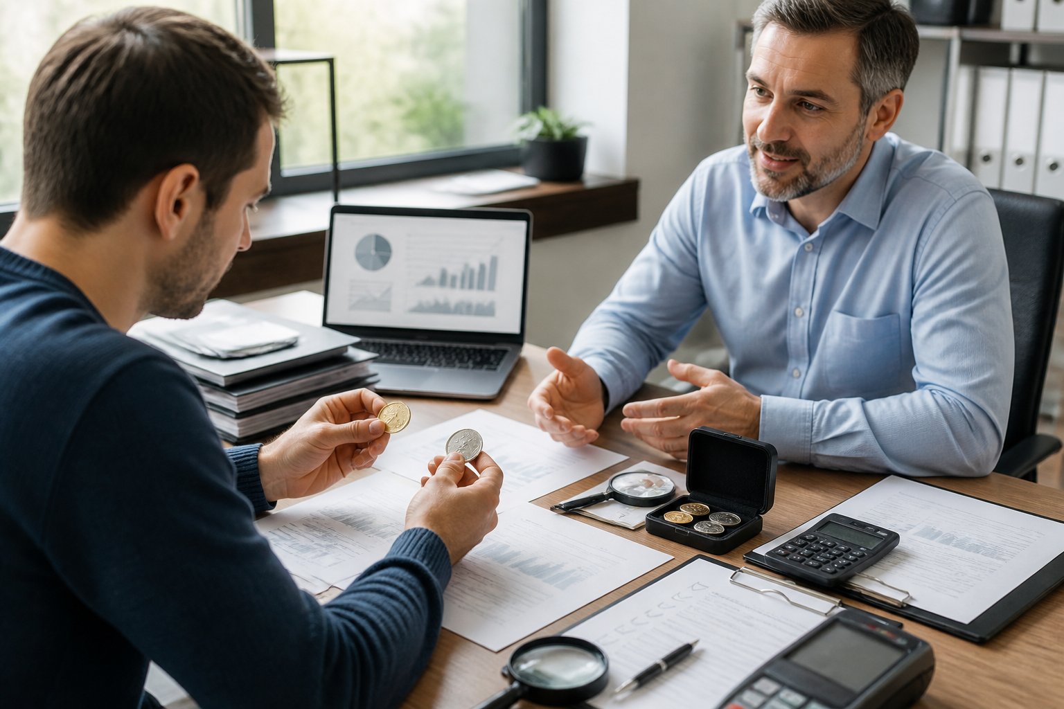 A buyer reviews precious-metal documents and coins with a dealer at a desk.