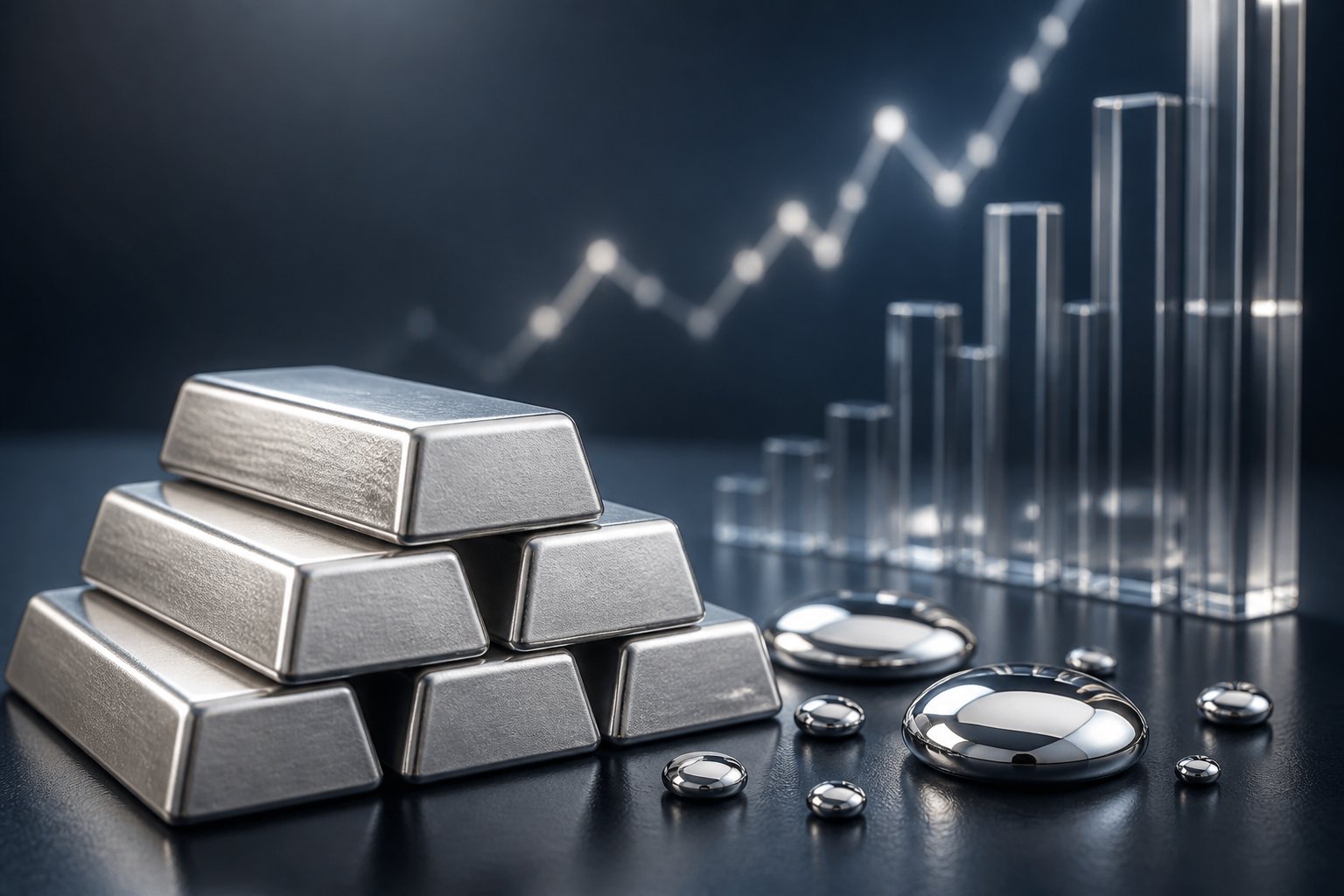 Polished silver bars and reflective mercury droplets arranged in a sophisticated financial still life.