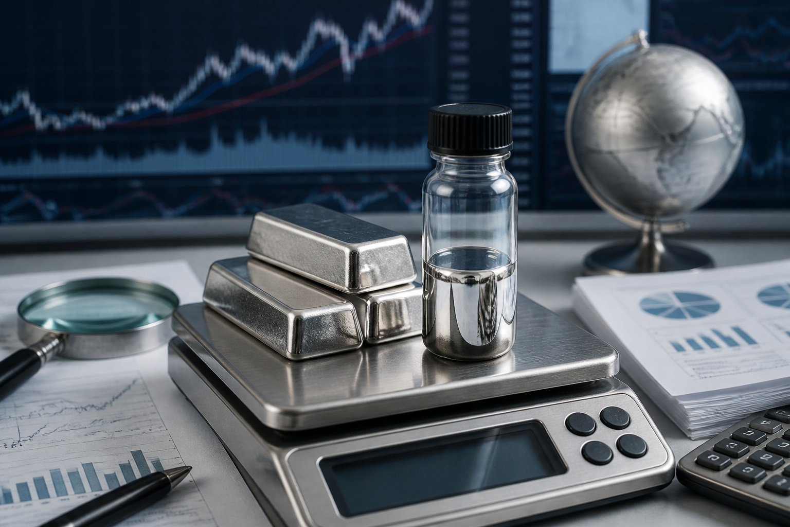 Silver bars and a sealed vial of liquid mercury on a precision scale beside market-analysis tools.
