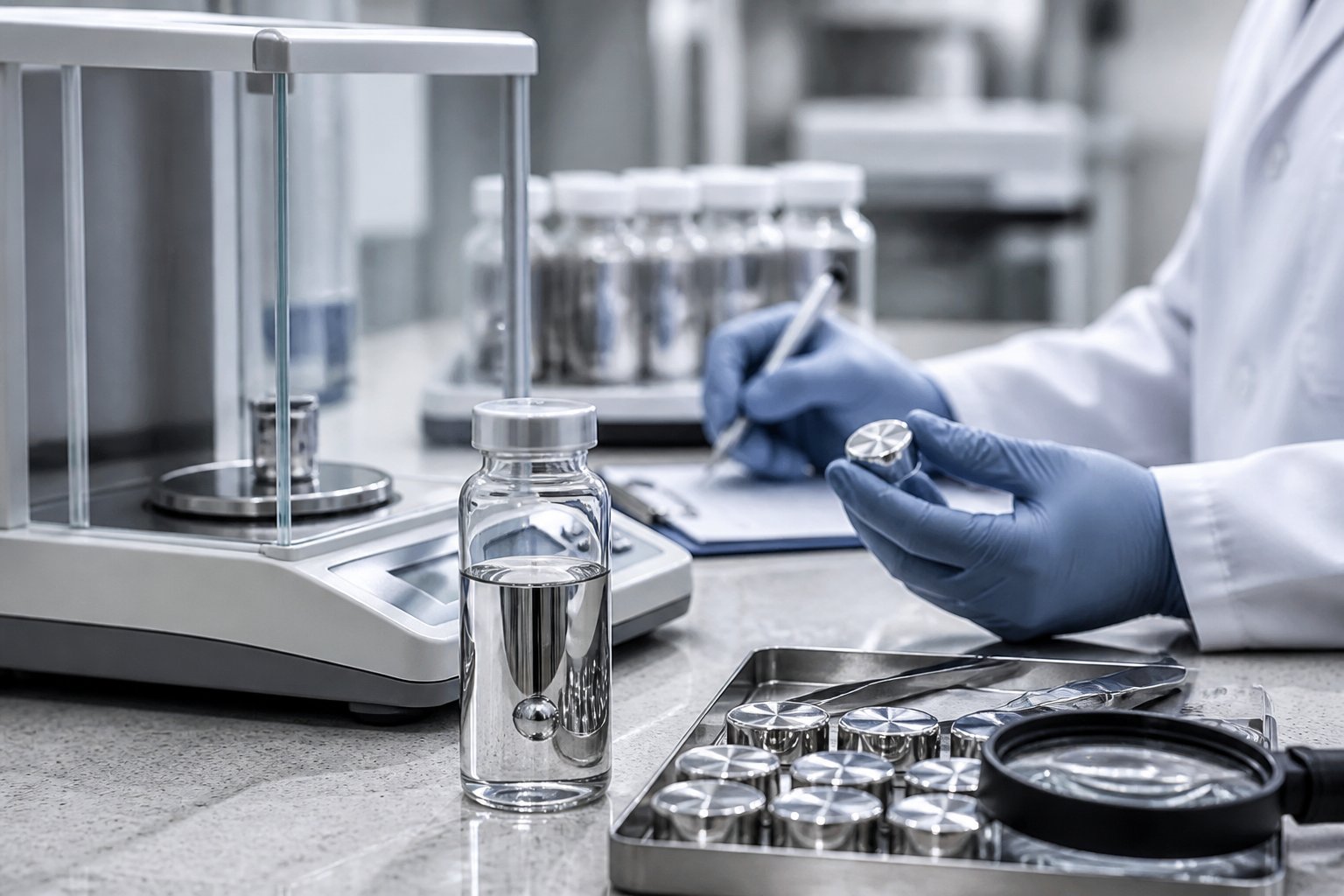 A gloved technician verifies a silver-colored mercury sample beside laboratory measuring equipment and secure sample containers.