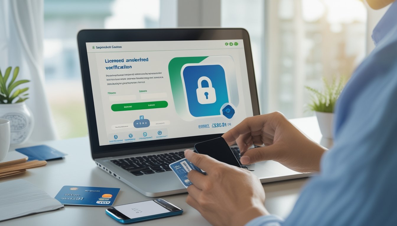 Pengguna memeriksa platform pembayaran daring terverifikasi di laptop dan ponsel dengan simbol keamanan.