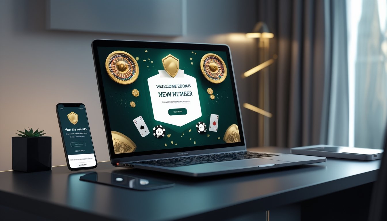 Laptop dan ponsel menampilkan antarmuka kasino online dengan kartu, chip poker, dan elemen roda roulette di atas meja modern.