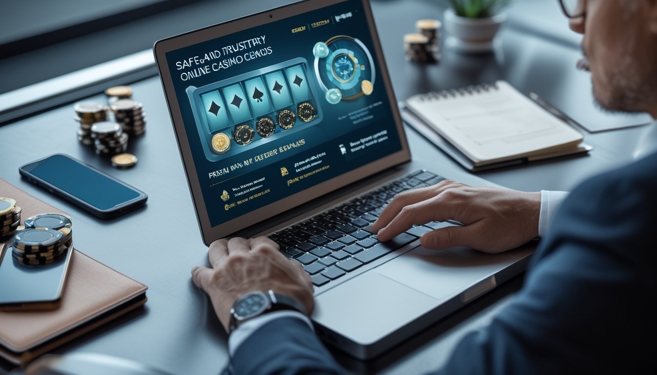 Seseorang meninjau platform kasino online di laptop dengan simbol keamanan dan perlengkapan permainan di meja.