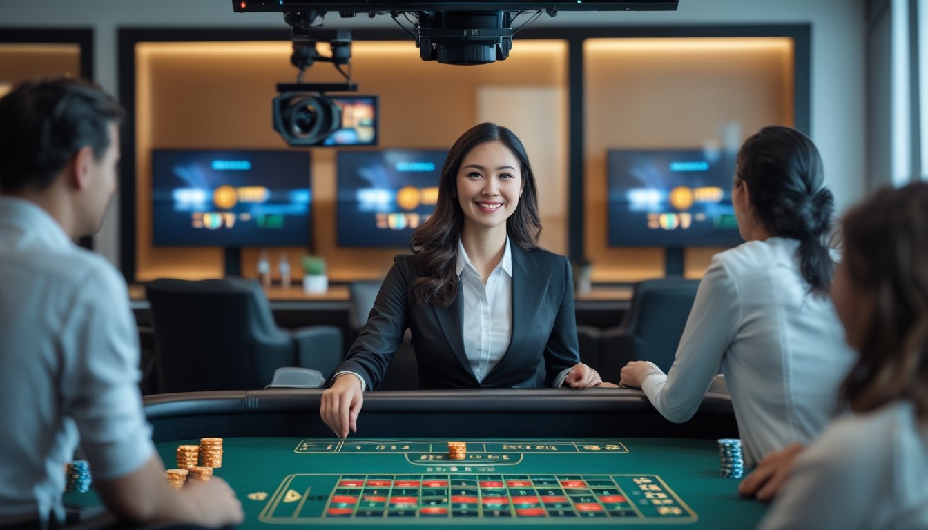 Dealer memandu permainan roulette di studio kasino langsung dengan pemain yang mengamati meja.