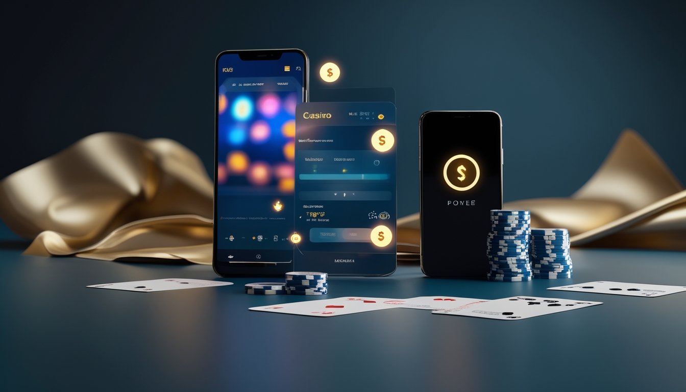 Dua ponsel pintar berada di samping dompet digital, kartu permainan, dan keping kasino di atas meja dengan pencahayaan elegan.