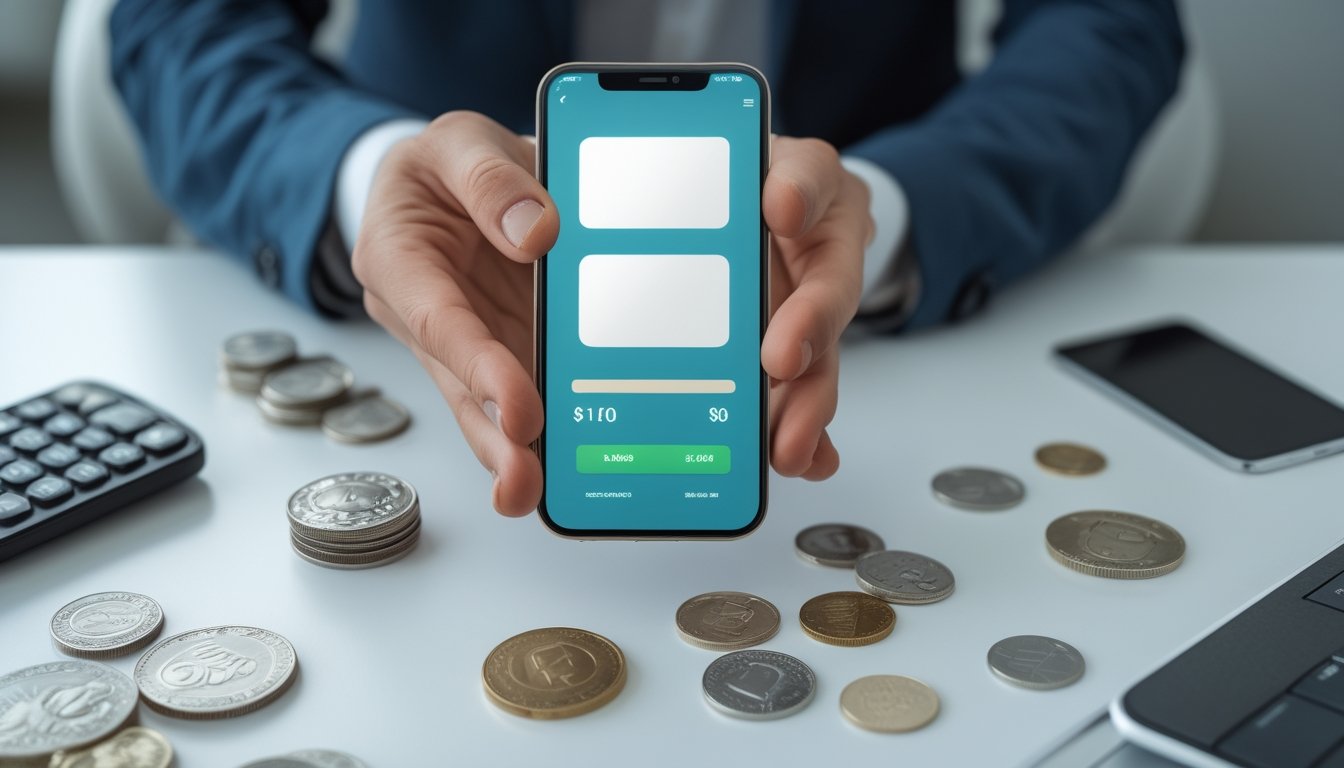 Seseorang memegang ponsel dengan tampilan pembayaran digital di atas meja bersama kalkulator, koin, dan kartu SIM.