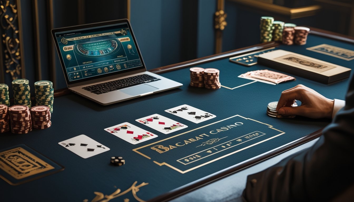 Seorang pemain mempelajari kartu dan keping taruhan baccarat di meja dengan laptop.
