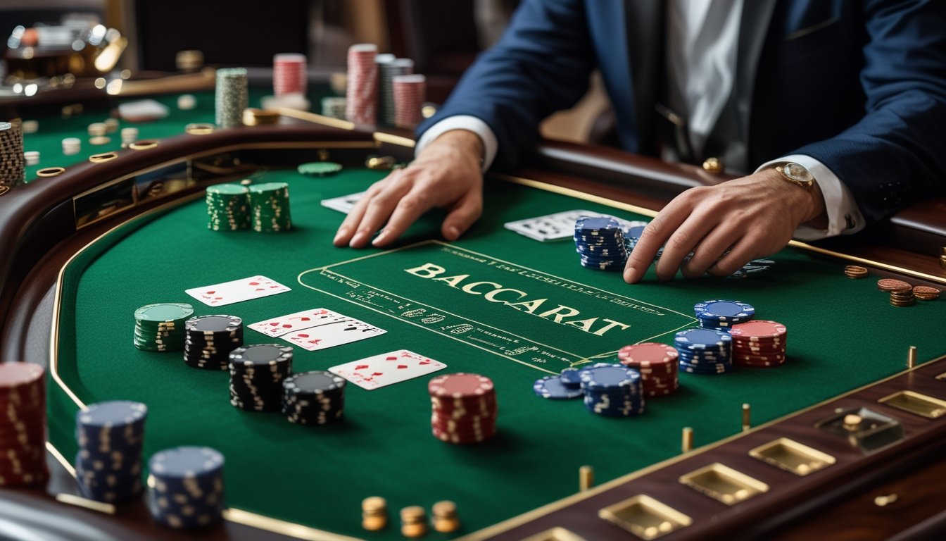 Meja baccarat dengan kartu, keping taruhan, dan tangan dealer yang sedang menyiapkan permainan.