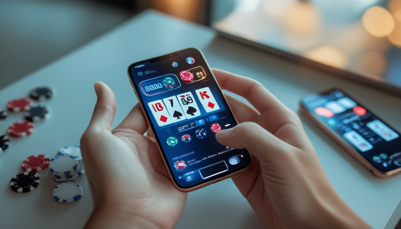 Seseorang menggunakan ponsel dengan tampilan permainan kasino digital di atas meja modern.