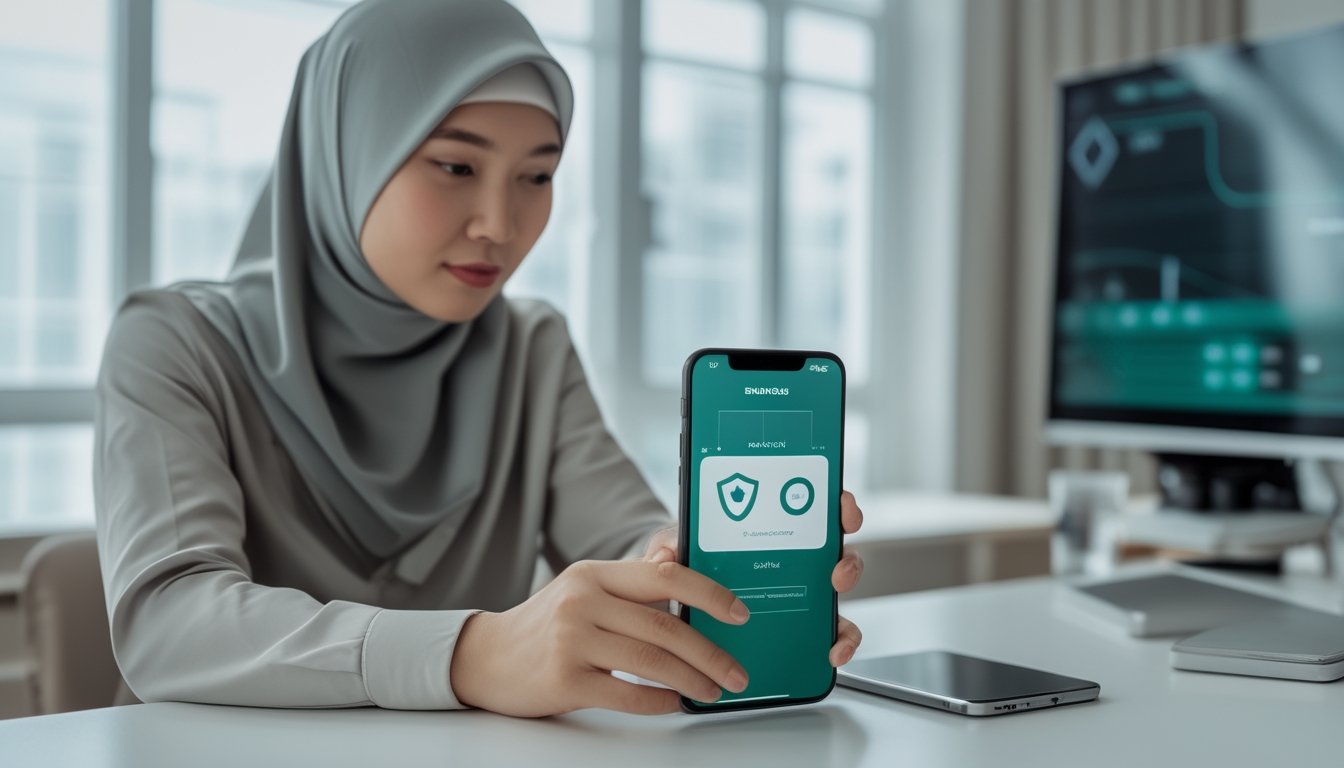 Orang dewasa memeriksa dua ponsel dengan tampilan aplikasi kasino yang aman di meja kerja modern.