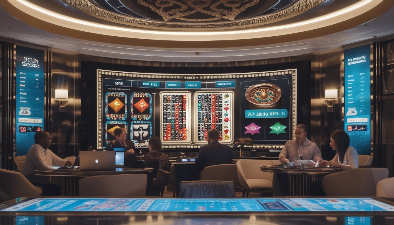 Orang dewasa menikmati suasana kasino daring modern dengan permainan slot dan meja dealer langsung.