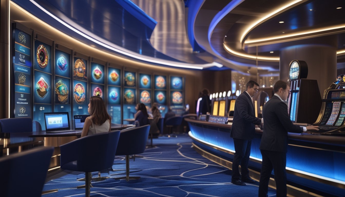 Pengunjung dewasa menggunakan perangkat digital di lounge kasino modern dengan permainan slot dan meja dealer langsung.