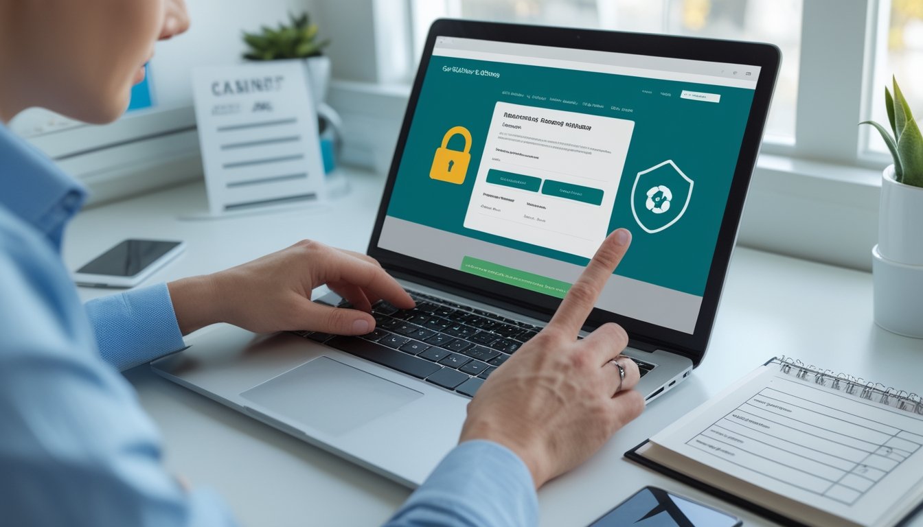 Seseorang memeriksa situs permainan daring yang aman di laptop dengan simbol keamanan dan daftar periksa.