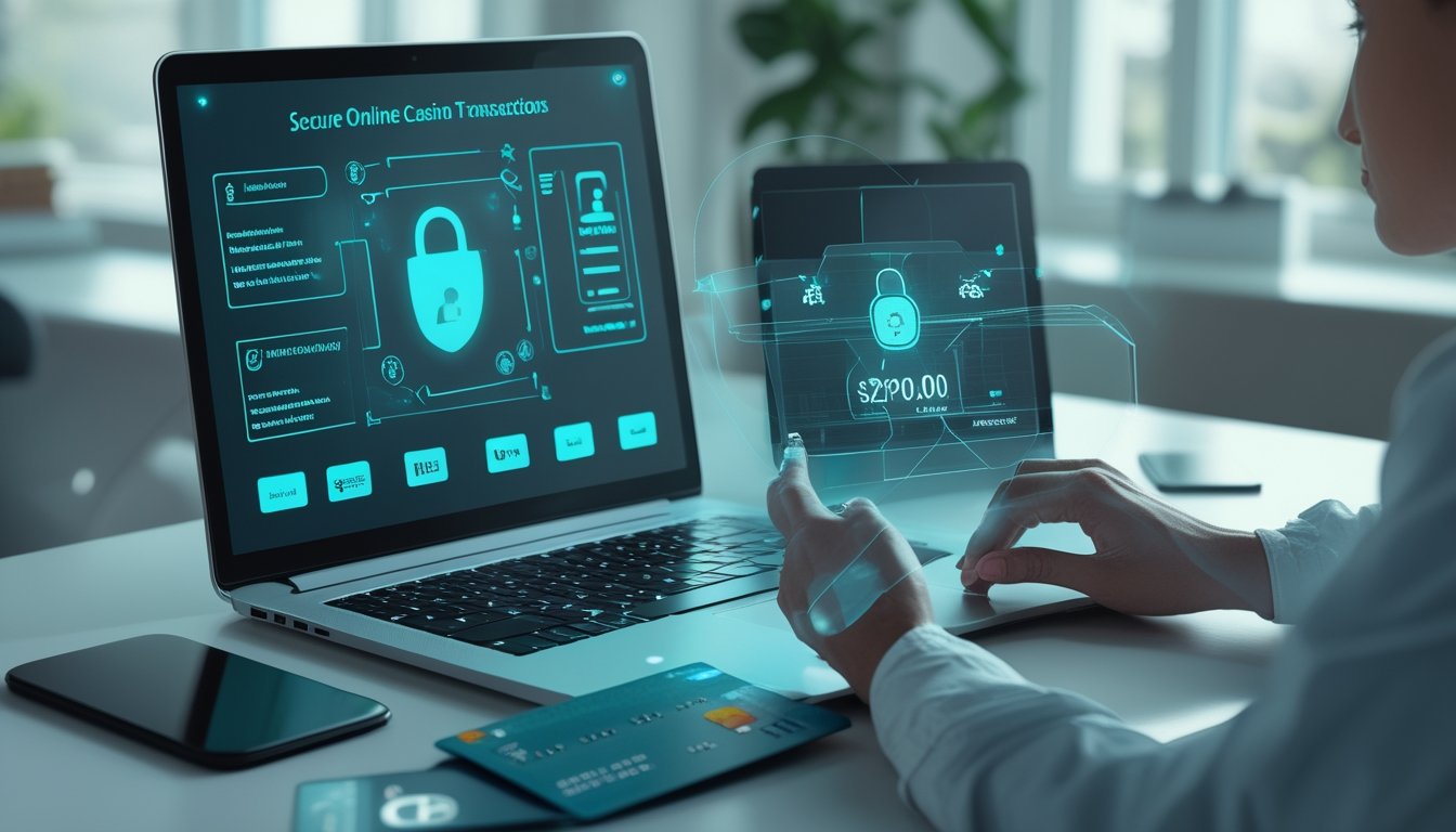 Orang dewasa memeriksa transaksi kasino online di laptop dengan kartu pembayaran, ponsel, dan simbol keamanan digital di meja.