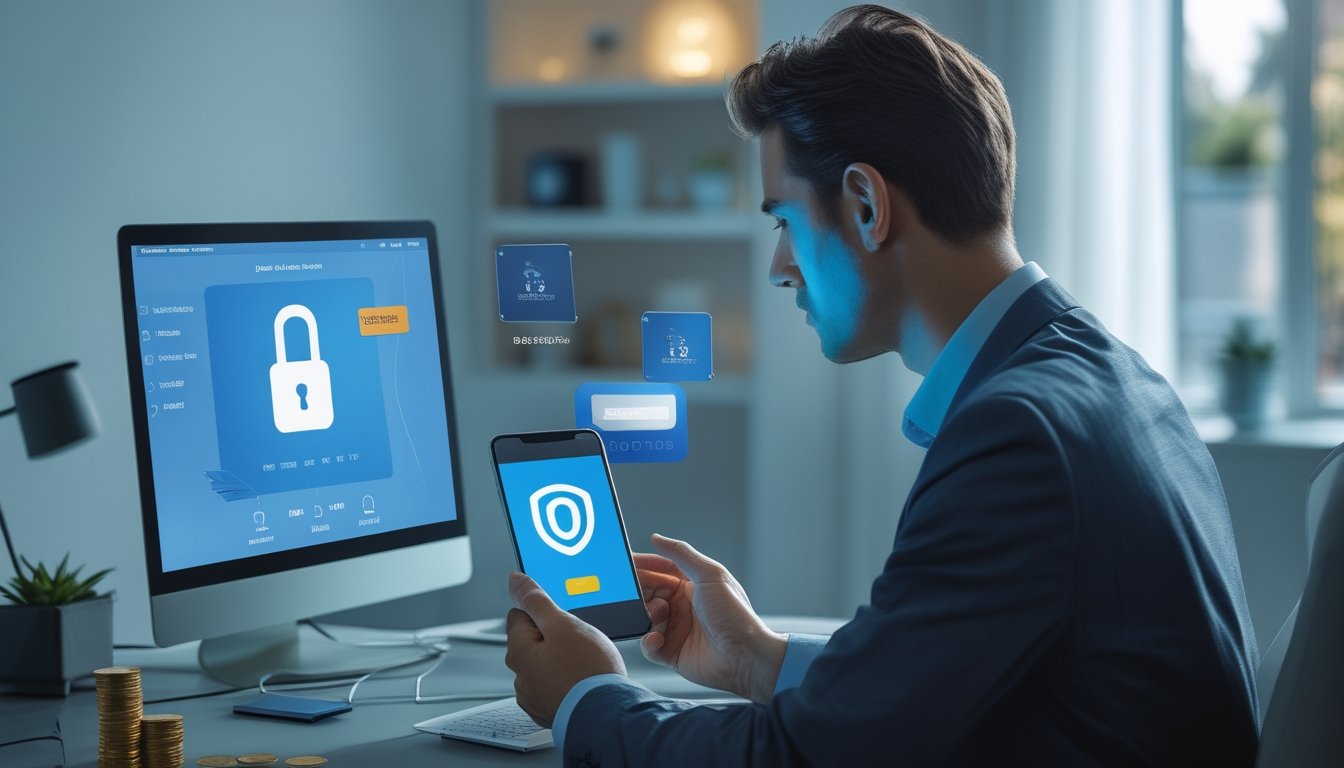Seseorang memeriksa transaksi pembayaran digital dengan aman di meja kerja menggunakan laptop dan ponsel.