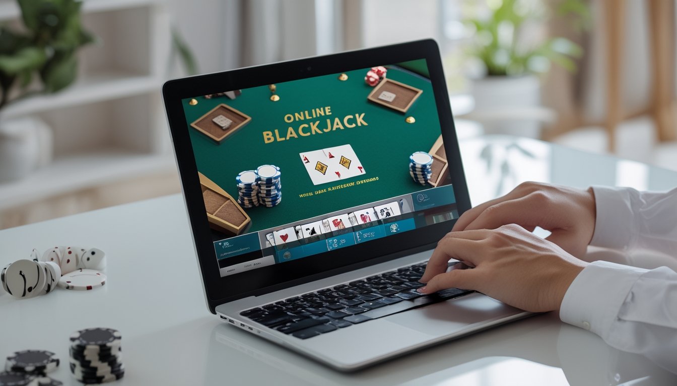 Seseorang mempelajari permainan blackjack online di laptop dengan beberapa chip bernilai kecil.
