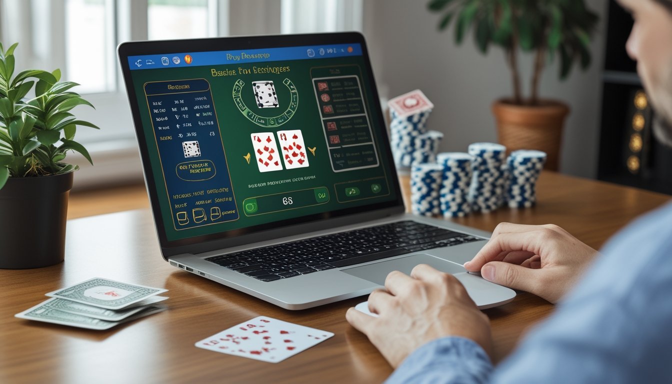 Pemula mempelajari permainan blackjack online dengan taruhan kecil di depan laptop.